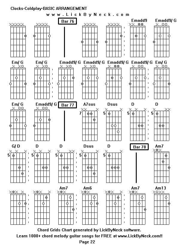 Chord Grids Chart of chord melody fingerstyle guitar song-Clocks-Coldplay-BASIC ARRANGEMENT,generated by LickByNeck software.